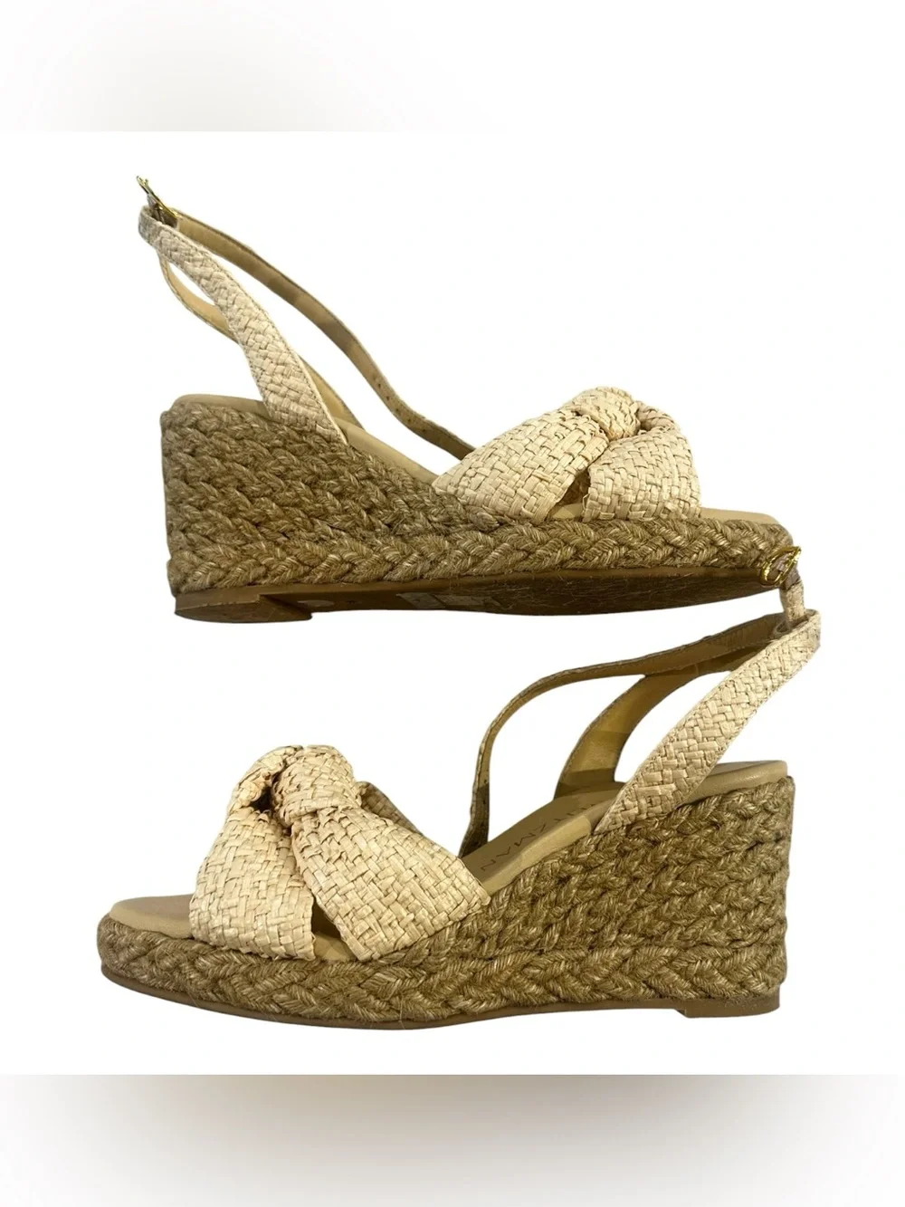 Stuart Weitzman Playa Woven Knotted Vamp Ankle Strap Wedge Espadrille Sandals